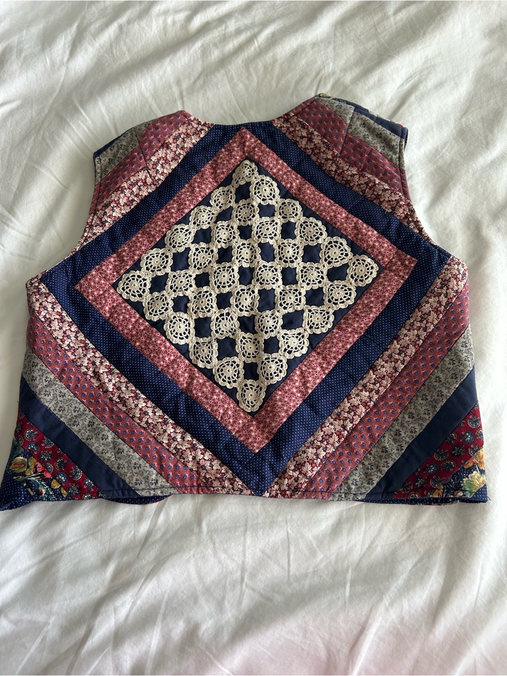 Patchwork Vintage Handmade Quilted Vest in Navy, Red, Cream Floral - Picture 6 of 9